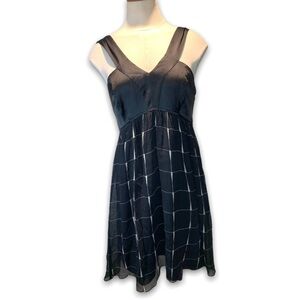 𝅺express Black Midi Sheer Dress Silk Flowy lined V-Neck white window check